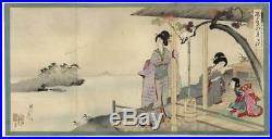 Japan woodblock triptych print-Geisha enjoy Biwa Lake