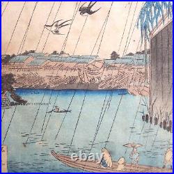 Japanese Antique Woodblock Print Swallows Rain Shower Fishing Style of Hiroshige