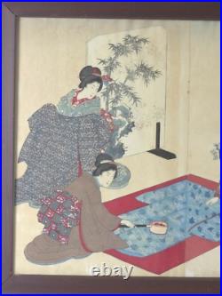 Japanese Antique Woodblock Triptych Ladies Meeting