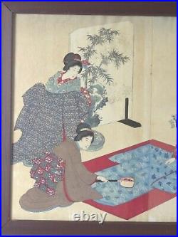 Japanese Antique Woodblock Triptych Ladies Meeting