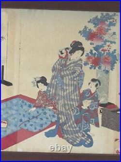 Japanese Antique Woodblock Triptych Ladies Meeting