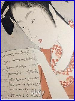 Japanese Bijin wood block print woodblock Kitagawa Woman scroll signed Shomei