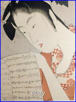 Japanese Bijin wood block print woodblock Kitagawa Woman scroll signed Shomei