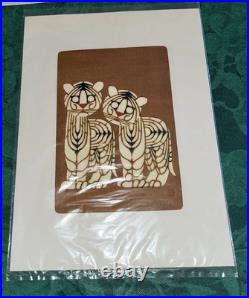 Japanese Block Printing Two Tigers Nenjiro Inagaki Mikumo Kyoto & Envelope -Nice