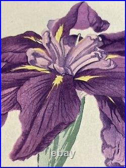 Japanese Iris Woodblock Print Hand Colored 1921 Manabu Miyoshi Botanical Antique