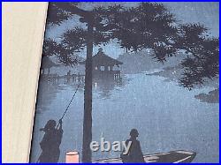 Japanese Koho Shoda Woodblock Print Night at Lake Biwa Shubi Pine Tree