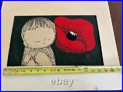 Japanese MCM Woodblock Print Vintage POPPY KAWANO KAORU MODERNIST