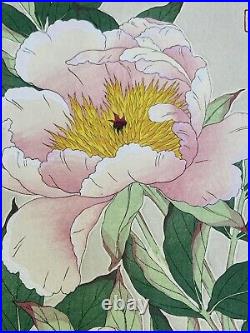 Japanese Mid C. Floral woodblock print Peonies Shodo Kawarazaki