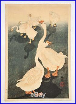 Japanese Ohara Koson Unmounted Woodblock Print Geese Near Pond Sg Seal Shoson