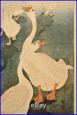 Japanese Ohara Koson Unmounted Woodblock Print Geese Near Pond Sg Seal Shoson