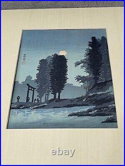 Japanese Takahashi Shotei Woodblock Print Moonrise at Tsukagoshi Myojin Shrine