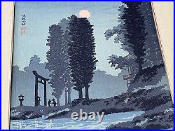 Japanese Takahashi Shotei Woodblock Print Moonrise at Tsukagoshi Myojin Shrine