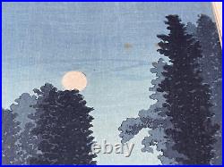 Japanese Takahashi Shotei Woodblock Print Moonrise at Tsukagoshi Myojin Shrine