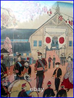 Japanese Triptych Woodblock Print on Rice Paper Emperor Meiji Military Parade