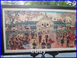 Japanese Triptych Woodblock Print on Rice Paper Emperor Meiji Military Parade