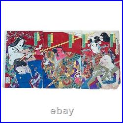 Japanese Ukiyo-e Woodblock Print Kunichika Toyohara Kabuki Meiji Antique Japan