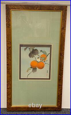 Japanese Woodblock Art Print Keigetsu Nuthatch & Persimmon Koson Ohara Signed