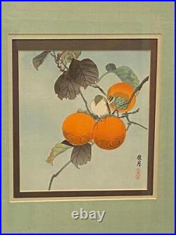 Japanese Woodblock Art Print Keigetsu Nuthatch & Persimmon Koson Ohara Signed