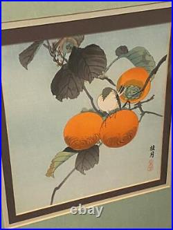 Japanese Woodblock Art Print Keigetsu Nuthatch & Persimmon Koson Ohara Signed