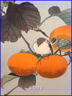 Japanese Woodblock Art Print Keigetsu Nuthatch & Persimmon Koson Ohara Signed