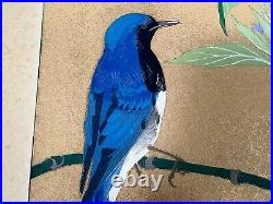 Japanese Woodblock Print Blue-and-white flycatcher Rakuzan Bird Vintage