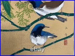 Japanese Woodblock Print Blue-and-white flycatcher Rakuzan Bird Vintage