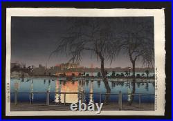 Japanese Woodblock Print Genuine Kawase Hasui Night Pond Edge Shinobazu New