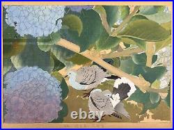 Japanese Woodblock Print Hydrangea and Collared Turtledoves Rakuzan Original