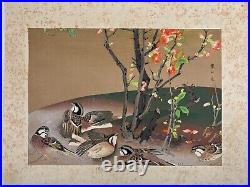 Japanese Woodblock Print Japanese Quince and Bunting? Rakuzan Bird Vintage