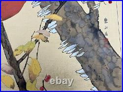 Japanese Woodblock Print Japanese winterberry and Common CrossbillRakuzan Bird
