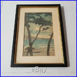 Japanese Woodblock Print Kawase Hasui Mt Fuji Pine Beach at Miho 1930s Framed