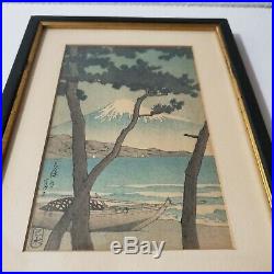 Japanese Woodblock Print Kawase Hasui Mt Fuji Pine Beach at Miho 1930s Framed