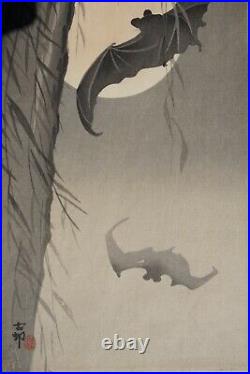 Japanese Woodblock Print, Koson OHara, Bats Against The Moon