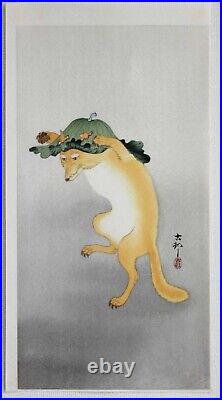 Japanese Woodblock Print Koson Ohara Dancing Fox Shin Hanga Woodcut