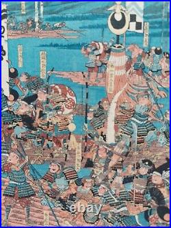 Japanese Woodblock Print Original Authentic Antique 1850 Samurai Battle On Rafts