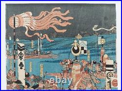 Japanese Woodblock Print Original Authentic Antique 1850 Samurai Battle On Rafts