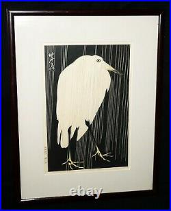 Japanese Woodblock Print Repro White Heron in the Rain by Imoto Tekiho (Mam)