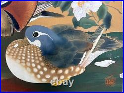 Japanese Woodblock Print Sasanqua and Mandarin Duck Rakuzan Bird Original