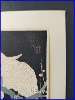Japanese Woodblock Print Shoson (Koson) vintage print. Parrots and plumb flower