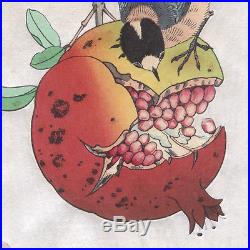Japanese Woodblock Print Sparrow and Pomegranate by Jo (Hashimoto Yuzuru)