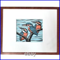 Japanese Woodblock Print Three Kingfisher Frame Tejima Keizaburo