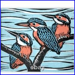 Japanese Woodblock Print Three Kingfisher Frame Tejima Keizaburo