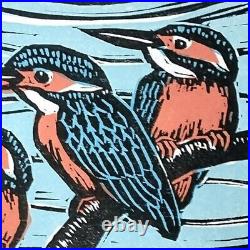 Japanese Woodblock Print Three Kingfisher Frame Tejima Keizaburo