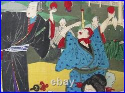 Japanese Woodblock Print Triptych Antique Acrobats Entertains The Royal Court