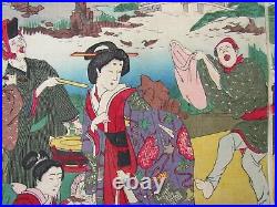 Japanese Woodblock Print Triptych Antique Acrobats Entertains The Royal Court