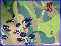 Japanese Woodblock Print Water hollyhock and kites Rakuzan Bird Vintage