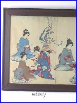 Japanese Woodblock Triptych Ladies Meeting