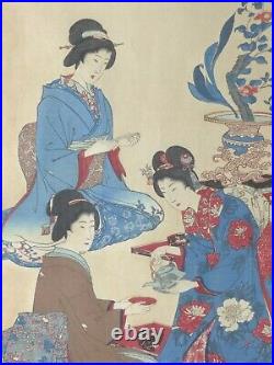 Japanese Woodblock Triptych Ladies Meeting
