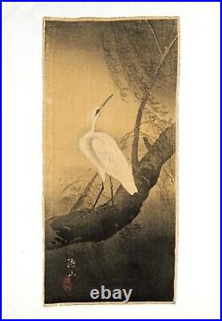 Japanese Woodblock by Ito Sozan Egret on a Willow Tree in Rain Creped