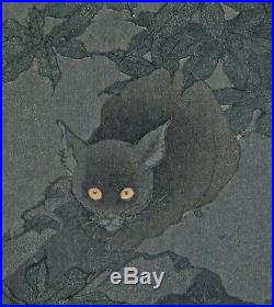 Japanese Woodblock by Shoda Koho Black Cat by Night circa 1920's